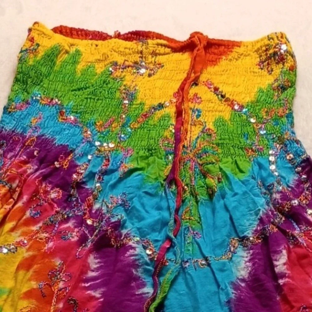 Boho Rainbow Tie Dye Smocked Sequin Embroidered Maxi Skirt Festival Dress NWOT